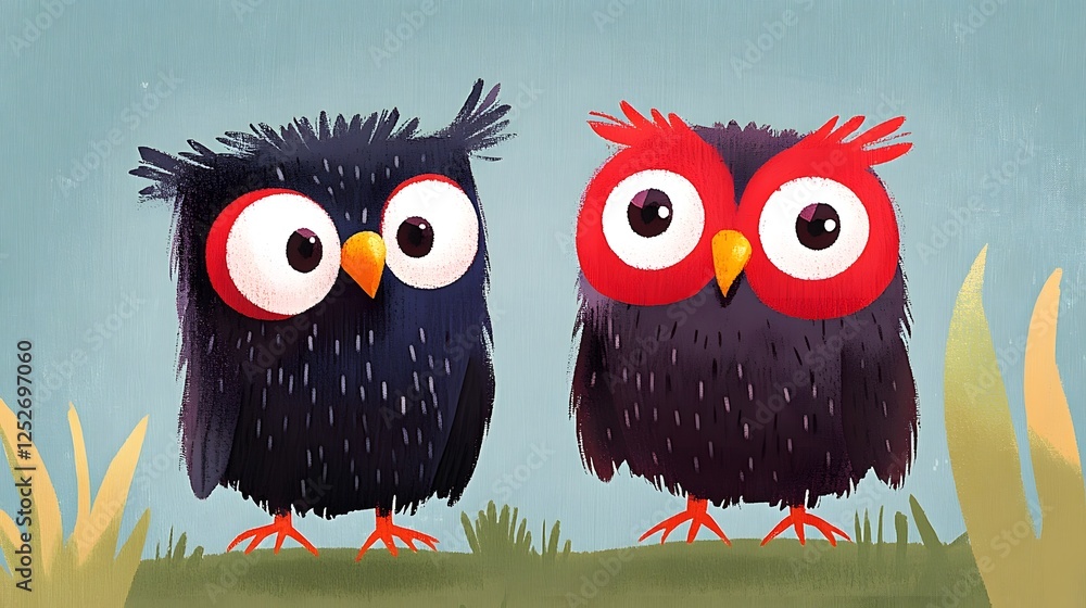 Poster wise owls perched calmly on a tree branch observing their tranquil forest surroundings with a contem