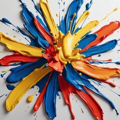 "Vibrant abstract paint splash explosion on a white background. Thick, textured strokes of colorful acrylic paint in shades of blue, yellow, red, and orange, creating a dynamic and artistic compositio
