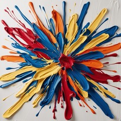 "Vibrant abstract paint splash explosion on a white background. Thick, textured strokes of colorful acrylic paint in shades of blue, yellow, red, and orange, creating a dynamic and artistic compositio