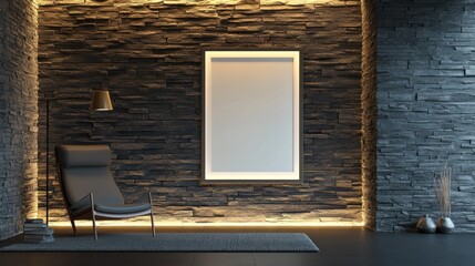 Modern Interior Design: Cozy Relaxation Lounge with Stone Wall and Empty Frame