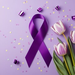 "Purple awareness ribbon with fresh tulips and delicate flowers on a pastel lavender background. Scattered confetti elements add a celebratory touch. Symbolizing hope, support, and awareness for cause