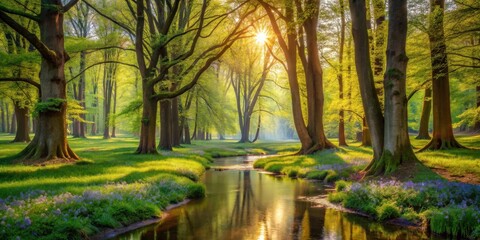 Golden Sunlight Filtering Through Lush Springtime Forest Canopy Reflecting on Serene Stream