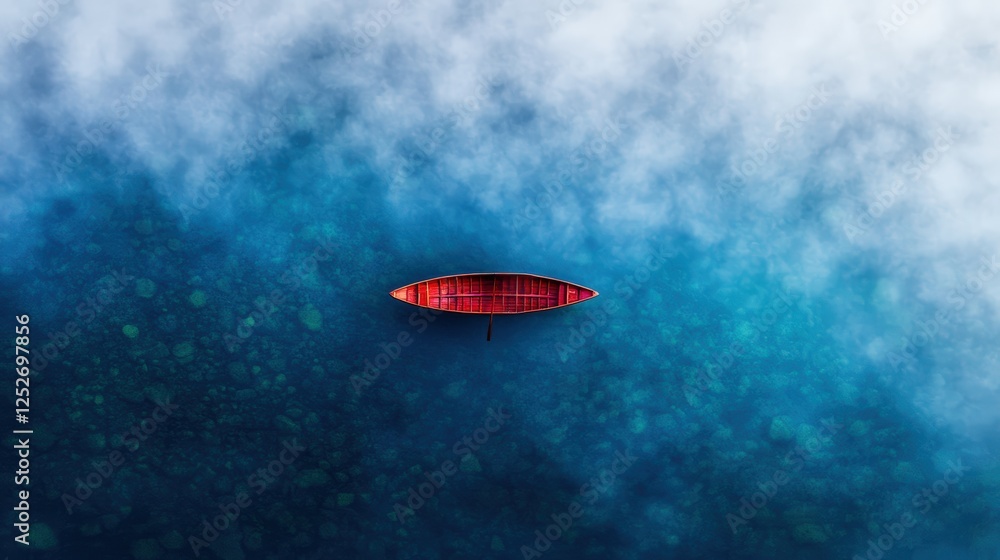 Poster red surfboard floating in the ocean with a man standing in a boat in the middle of the water