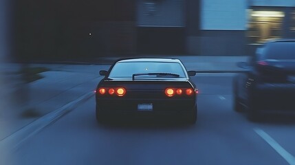 Fototapeta premium Sleek and modern sports car zooming through the blurred cityscape at night its taillights and headlights creating a sense of speed and power as it races down the urban roads