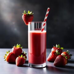 "Refreshing strawberry juice in a tall glass with a red-and-white striped straw, garnished with a fresh strawberry. Surrounded by ripe strawberries on a dark moody background with soft lighting. Perfe