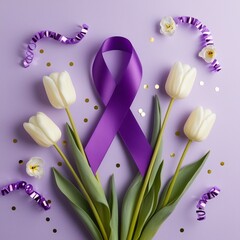 "Purple awareness ribbon with fresh tulips and delicate flowers on a pastel lavender background. Scattered confetti elements add a celebratory touch. Symbolizing hope, support, and awareness for cause