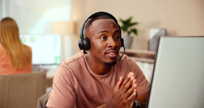 Call center, businessman and mic with computer for consultant, customer information and telemarketing. Office, digital and sales representative with headset for client feedback, research and talking