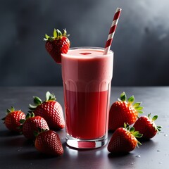"Refreshing strawberry juice in a tall glass with a red-and-white striped straw, garnished with a fresh strawberry. Surrounded by ripe strawberries on a dark moody background with soft lighting. Perfe