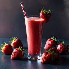 "Refreshing strawberry juice in a tall glass with a red-and-white striped straw, garnished with a fresh strawberry. Surrounded by ripe strawberries on a dark moody background with soft lighting. Perfe