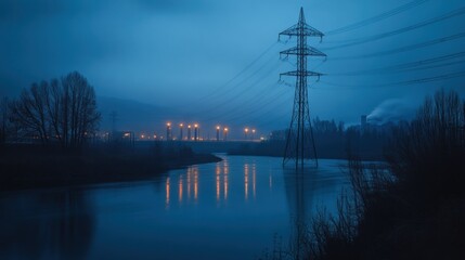 Dusk river reflection industrial power plant