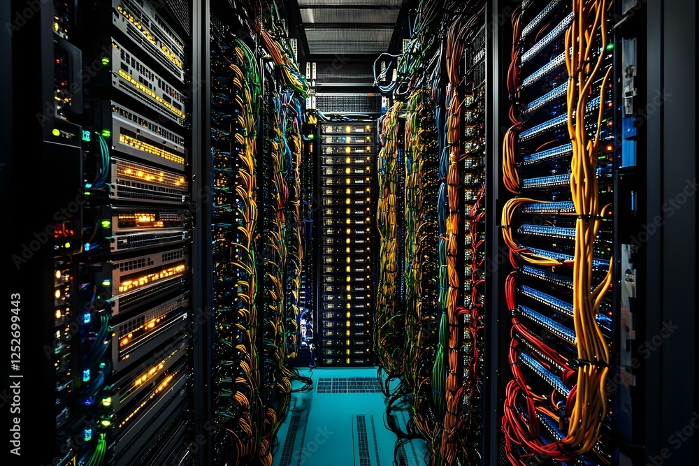 Poster a corridor of server racks filled with colorful cables and blinking lights, typical of a data center