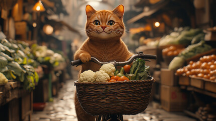 cut cat back home with vegetable on bike after grocery shopping