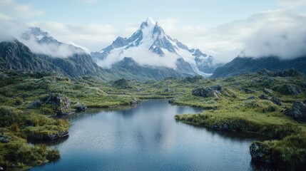Majestic mountain range reflecting in tranquil lake