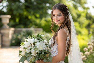 Fototapeta premium Young bride with bouquet outdoors in garden during daytime before wedding ceremony