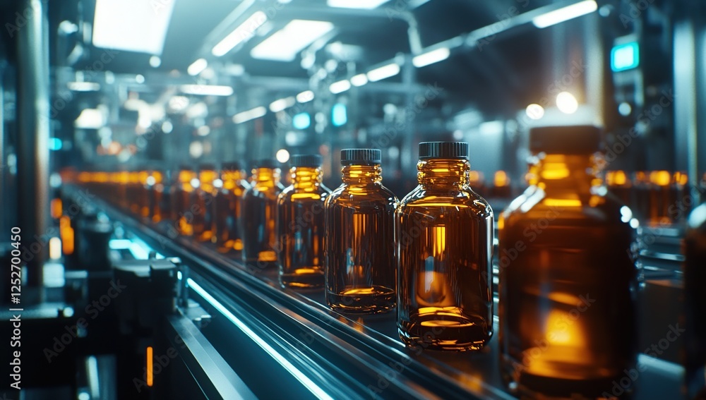 Poster automated bottling line: efficiently filling amber glass bottles on a conveyor belt system in a mode