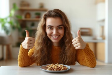 Happy woman enjoying healthy nuts and seeds for weight loss while promoting paleolithic diet. Concept focuses on paleolithic diet as nutritious and effective weight loss strategy