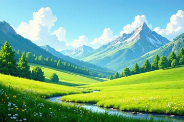 Obraz premium Serene Meadow Landscape with Majestic Mountain Peaks and a Gently Winding River