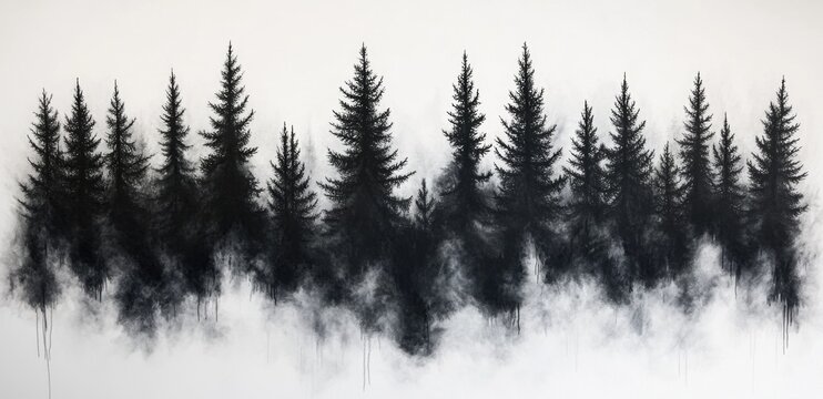 Misty forest, charcoal drawing, wall art, nature scene