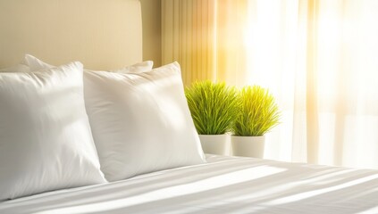 Close-Up of White Pillows and Soft Blankets with Green Plants