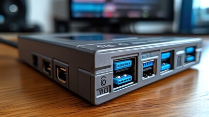 Retro gaming console ports, wooden desk, blurred background, tech hobby