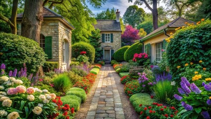 A sunlit stone pathway meanders through a vibrant, meticulously landscaped garden, flanked by colorful flowerbeds and charming stone cottages.