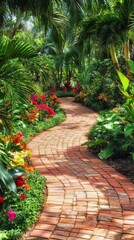 Colorful garden pathway winding through vibrant flowers in full bloom