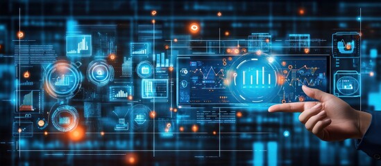 Data analysis Hand interacts with digital dashboard, network background