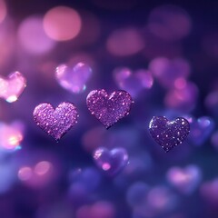 Fototapeta premium Shimmering Purple Glitter Hearts On Bokeh Background