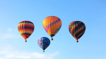 Naklejka premium Four Colorful Hot Air Balloons Against A Vivid Blue Sky
