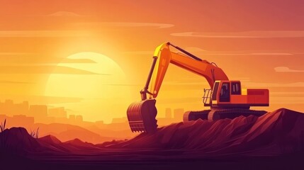 Excavator sunset city construction site