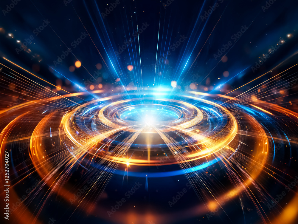 Poster Glowing concentric circles of blue and orange light radiate energy, creating a mesmerizing futuristic scene with sparkling bokeh.