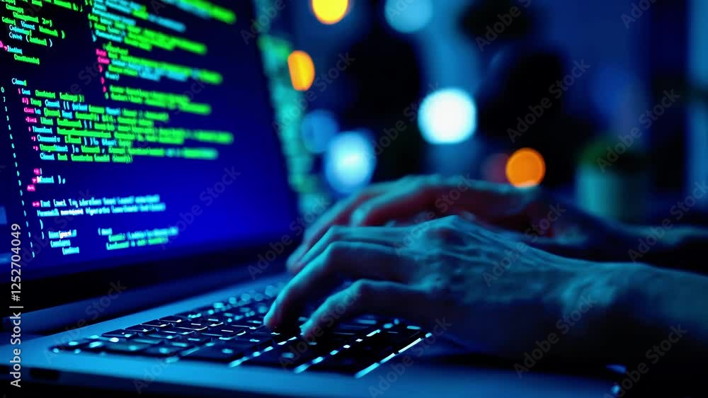 Aufkleber close-up of hands typing on a laptop with colorful code on the screen in a dimly lit room