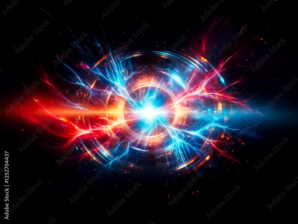 Poster intense energy bursts from a central core, creating vibrant concentric rings of light and motion. a 