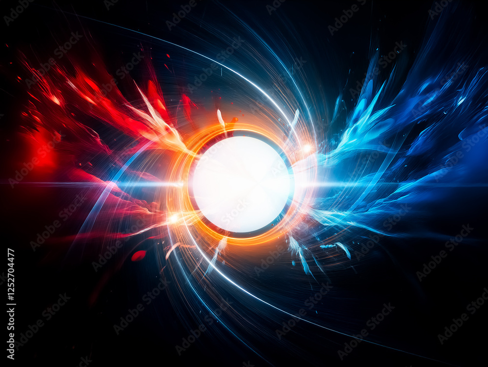 Poster vivid abstract art featuring a bright central orb radiating fiery red and cool blue energy streams o
