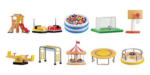 Kids Park adventure playground 3d render concept of various type of outdoor kids game slide, trampoline, carousel, football goal post, basketball court, trampoline, seesaw, ball pool and more games