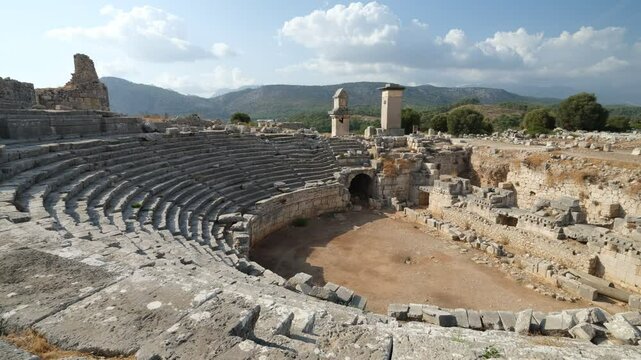 The ancient theatre of Xanthos. Monuments of the UNESCO World Heritage List in Turkey. Kas district, Antalya city, Turkey country - 4k video