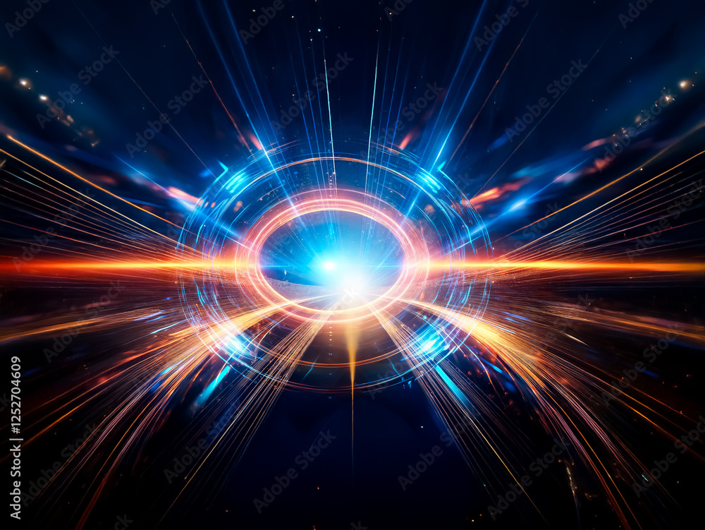 Poster abstract digital art depicting a futuristic circular portal with vibrant orange and blue energy beam