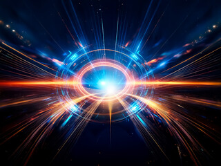Fototapeta premium Abstract digital art depicting a futuristic circular portal with vibrant orange and blue energy beams radiating outwards, creating a sense of speed and power. The central core glows with intense ligh