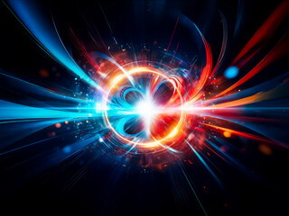 Fototapeta premium Vibrant light explosion against dark backdrop. Swirling blue and red energy streams radiate from a central bright core, creating a dynamic, abstract composition.