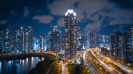 Illuminated City Skyline with Modern High-Rise Buildings and Vibrant Night Lights