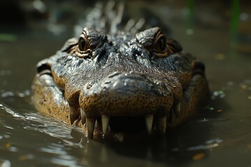 Obraz premium Crocodile with powerful jaws swimming in murky water