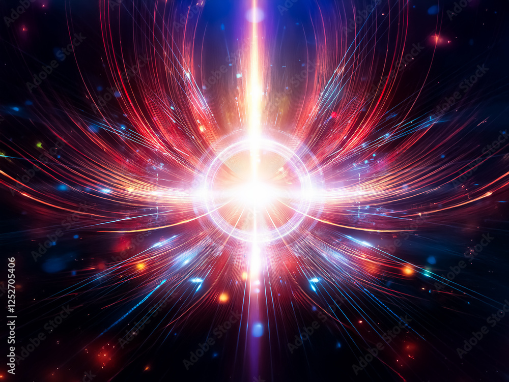 Aufkleber Abstract image of bright light emanating from the center, with red and blue rays on a dark background.  Creates a vibrant and dynamic visual.