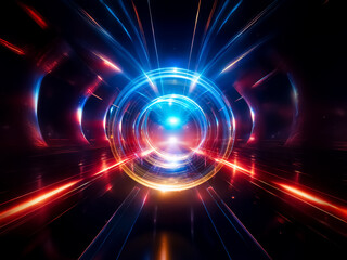 Obraz premium Vibrant blue and red light streaks radiate from a central glowing orb, creating a dynamic and futuristic abstract design on a dark background.