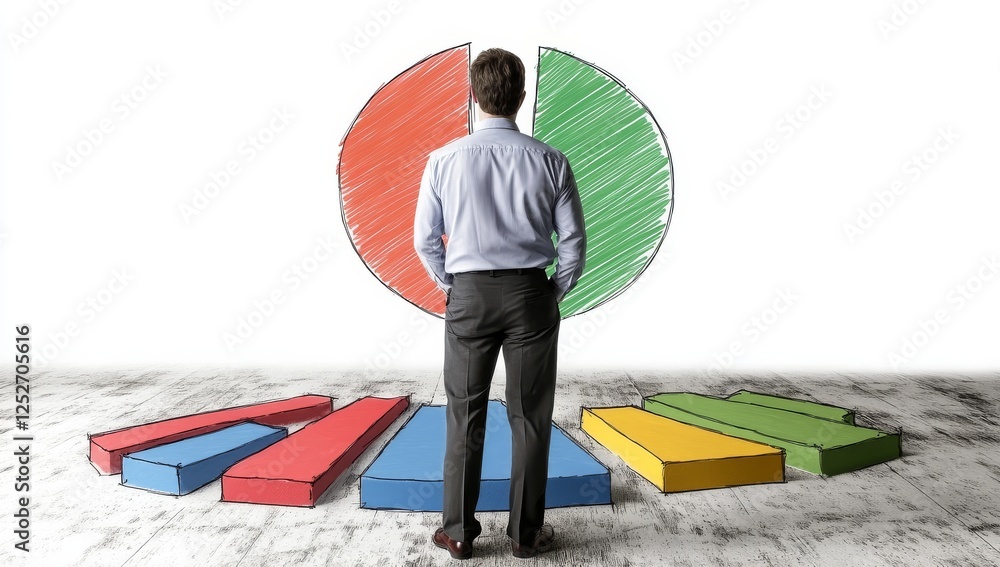 Poster businessman standing in front of pie chart with graphs and financial growth numbers