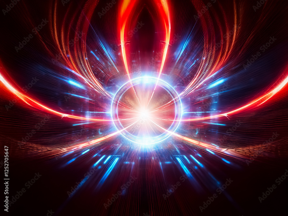 Fototapete abstract digital art featuring a bright, central glowing orb emitting vibrant blue and red light ray