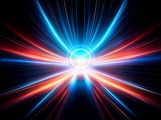 Obraz premium A dark background features a glowing blue circular ring, emanating bright light streaks in a radial pattern, creating a futuristic, high-speed effect. The ring reflects on a dark, glossy surface belo