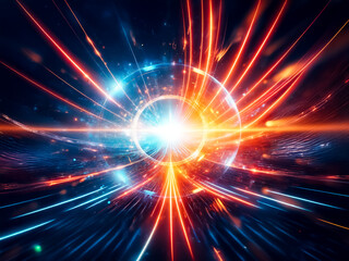 Fototapeta premium Vibrant abstract image featuring a central bright light source with dynamic rays of blue and orange radiating outwards, creating a sense of energy and motion.