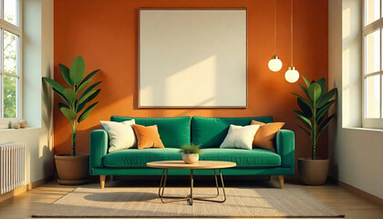 Vibrant Living Room Interior with Emerald Sofa and Blank Canvas Frame