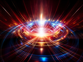 Obraz premium Abstract image of a bright, central light source emitting vibrant red, orange, and blue rays and circular patterns, suggesting energy and motion.