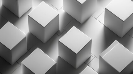 Obraz premium Interlocking 3D cubes rotating and casting shadows on a solid gray background.